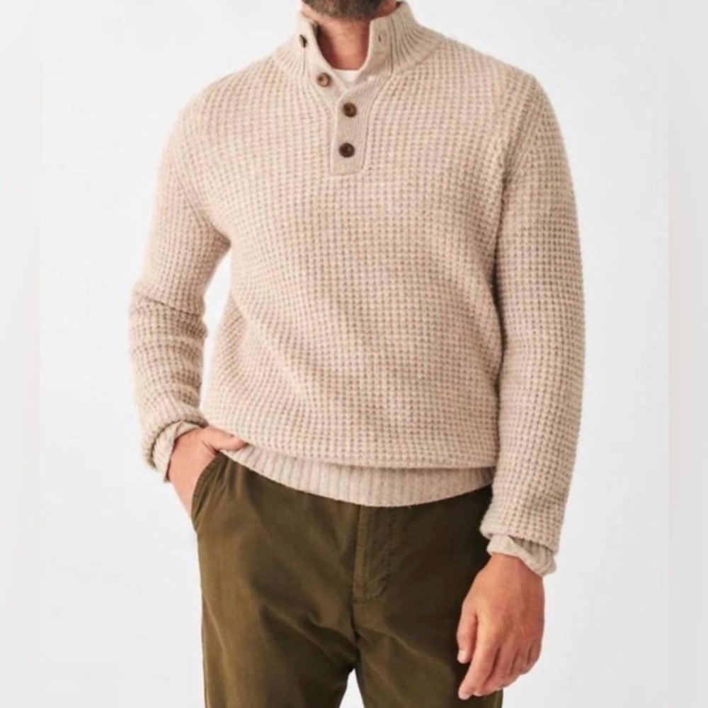 FAHERTY men's cashmere wool quarter button sweater in oatmeal marl tan Size XXL